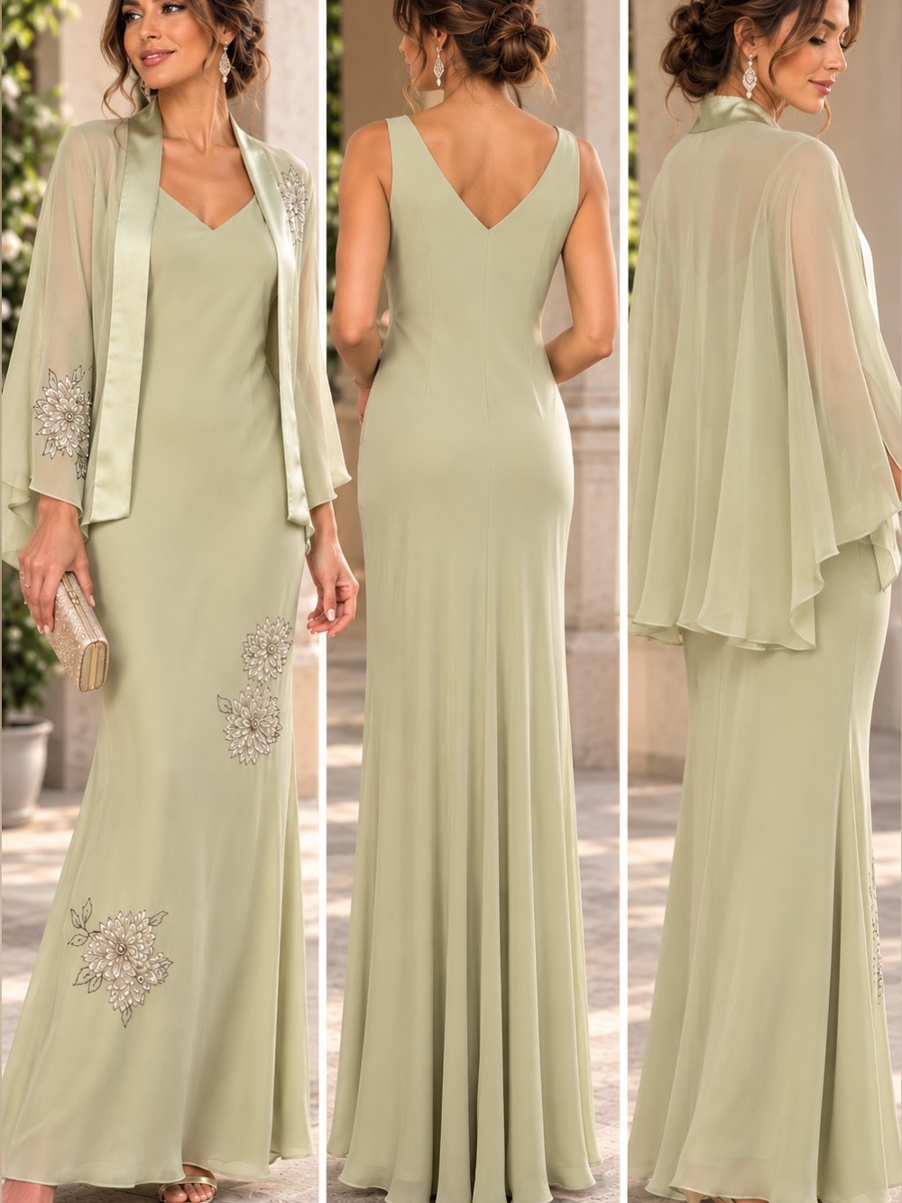 Vintage Donna Ricco Sage Green 2PC Maxi Dress Set w/ Beaded Sheer Capelet Size 6